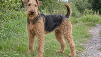 Airedale Terrier mit rauem Fell auf einer Wiese – KI-Symbolbild [Bildinhalt mit KI erstellt]