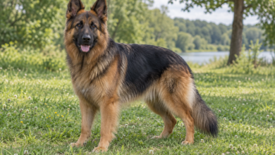 Langstockhaariger Deutscher Schäferhund steht auf einer Wiese – KI-Symbolbild [Bildinhalt mit KI erstellt]