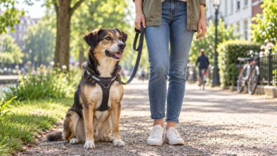 Hund an lockerer Leine neben seiner Begleitperson – KI-Symbolbild zur Hundehaftpflicht [Bildinhalt mit KI erstellt]