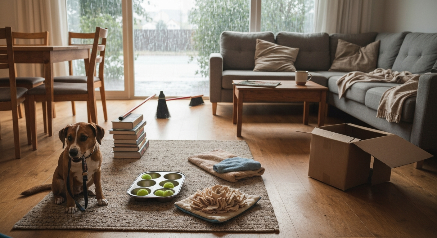 Hundebeschäftigung bei Regen: 6 Tipps gegen Langeweile [Bildinhalt mit KI erstellt]