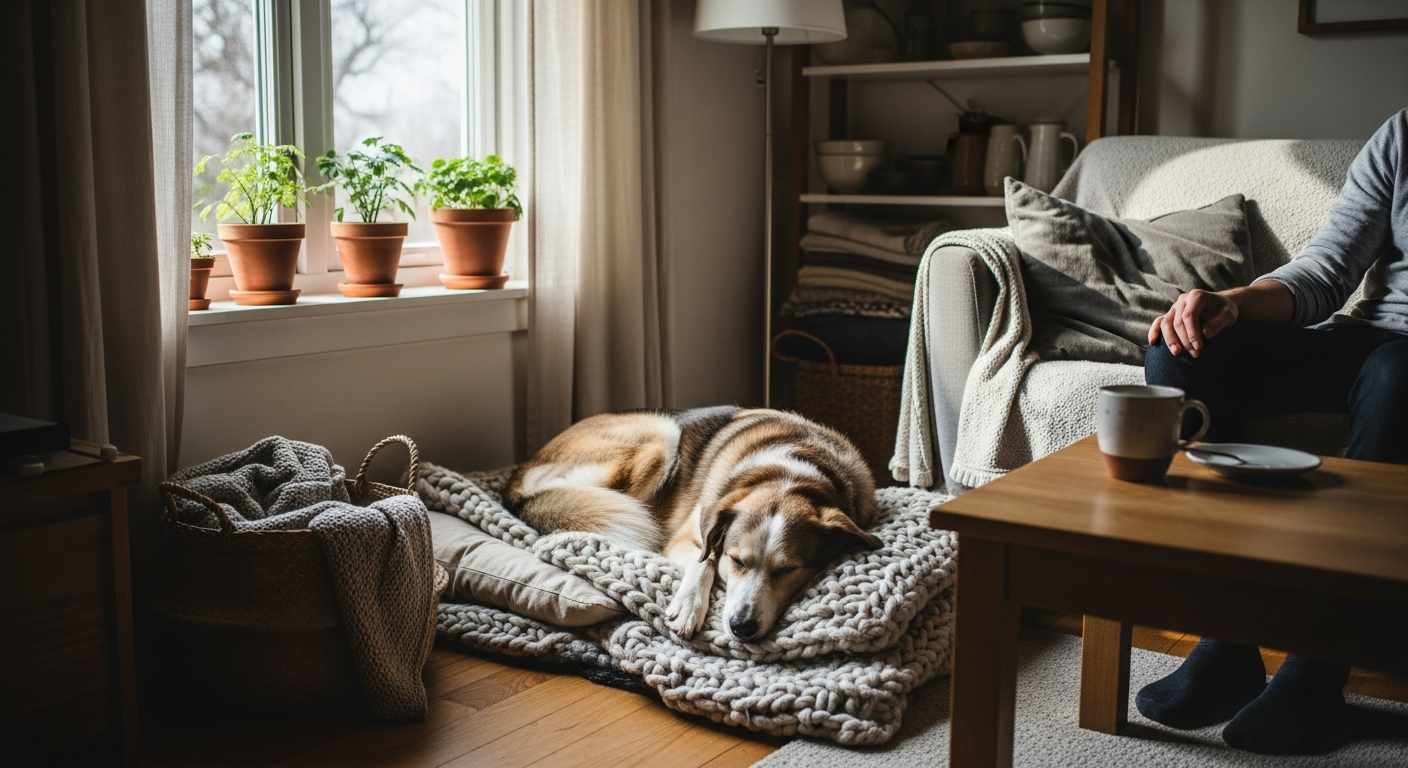 Hygge mit Hund: Entspannung & Glück im Alltag [Bildinhalt mit KI erstellt]