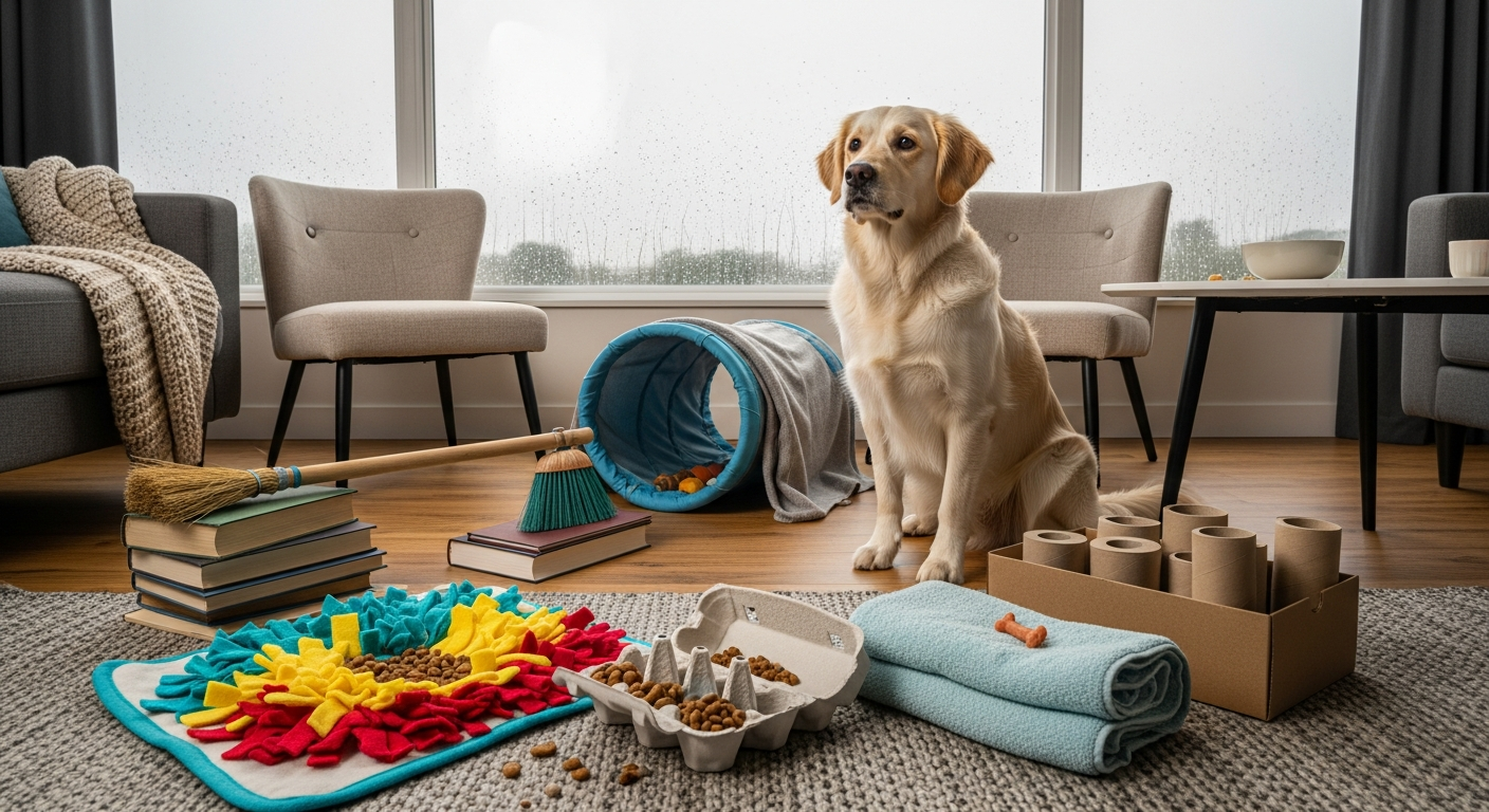 Hundebeschäftigung bei Regen: 6 geniale Indoor-Ideen [Bildinhalt mit KI erstellt]