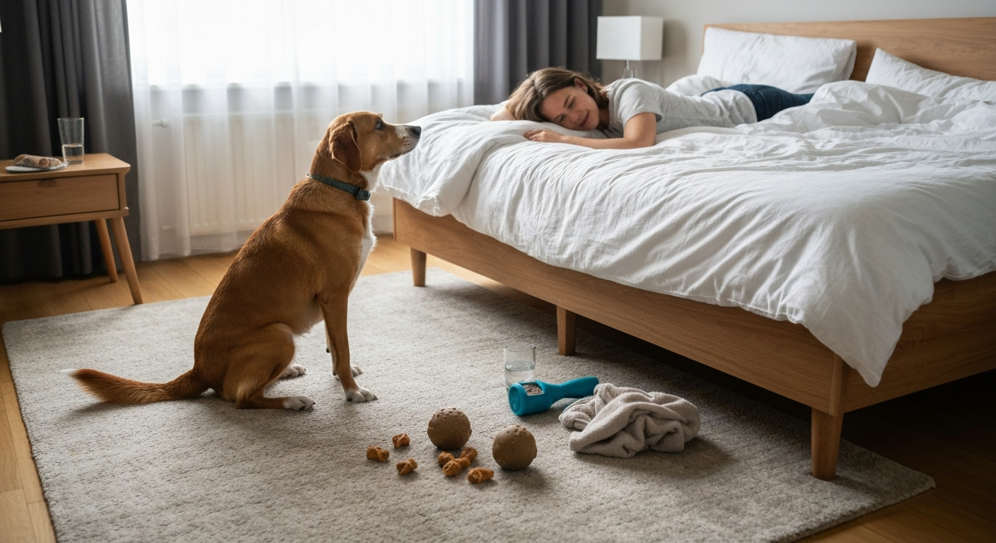 Krank im Bett? So lastest du deinen Hund trotzdem aus [Bildinhalt mit KI erstellt]