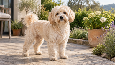 Cremefarbener erwachsener Maltipoo auf einer Gartenterrasse [Bildinhalt mit KI erstellt]