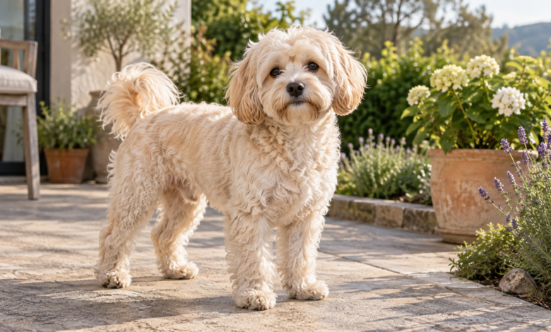 Cremefarbener erwachsener Maltipoo auf einer Gartenterrasse [Bildinhalt mit KI erstellt]