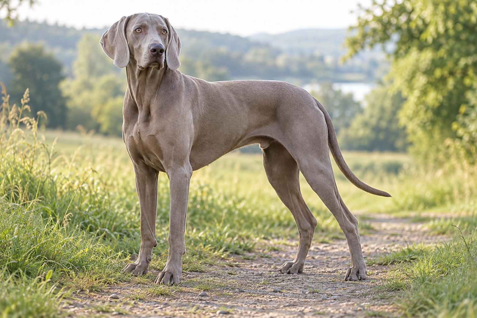 Silbergrauer Weimaraner mit natürlicher langer Rute auf einem Wiesenweg – KI-Symbolbild [Bildinhalt mit KI erstellt]